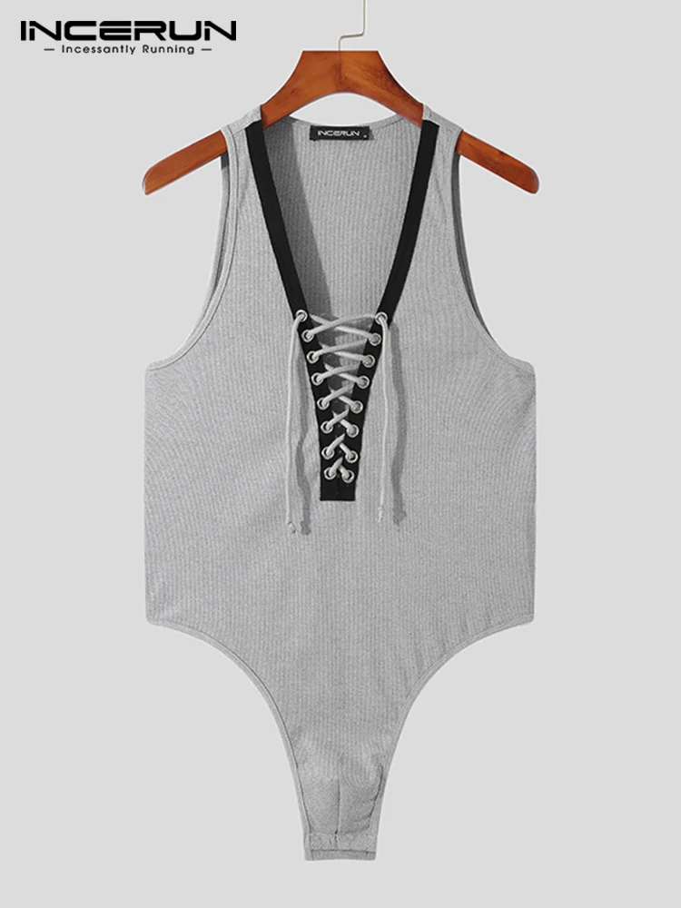 INCERUN Comfortable Homewear New Men's Onesies Cross Fashion Casual Style Male Tie Knit Sleeveless Triangle Bodysuits S-5XL 2021