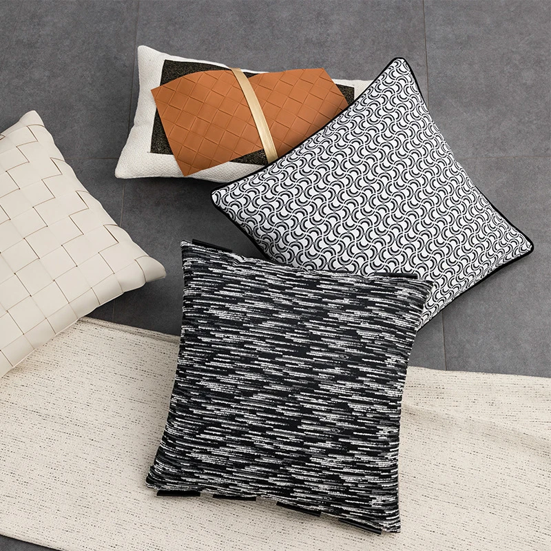 

High-grade thicked cushion cover light luxury striped jacquard pillow cover solid block PU pillowcase patchwork lumbar pillow