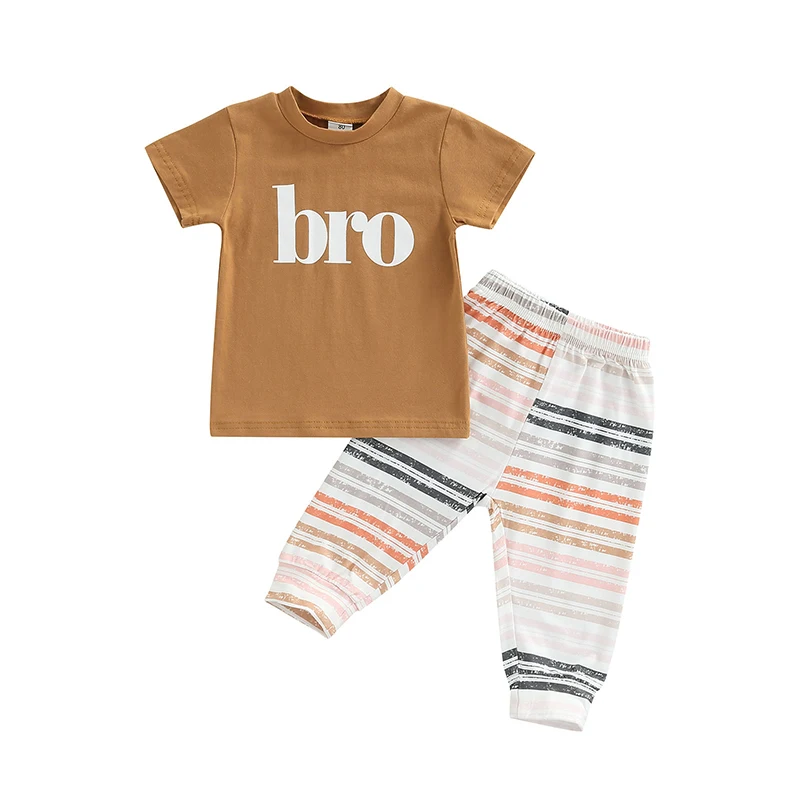 

2-Piece Boys Summer Outfit, Letter Print Short Sleeve T-Shirt + Striped Pants Set for Kids, 6 Months to 3 Years