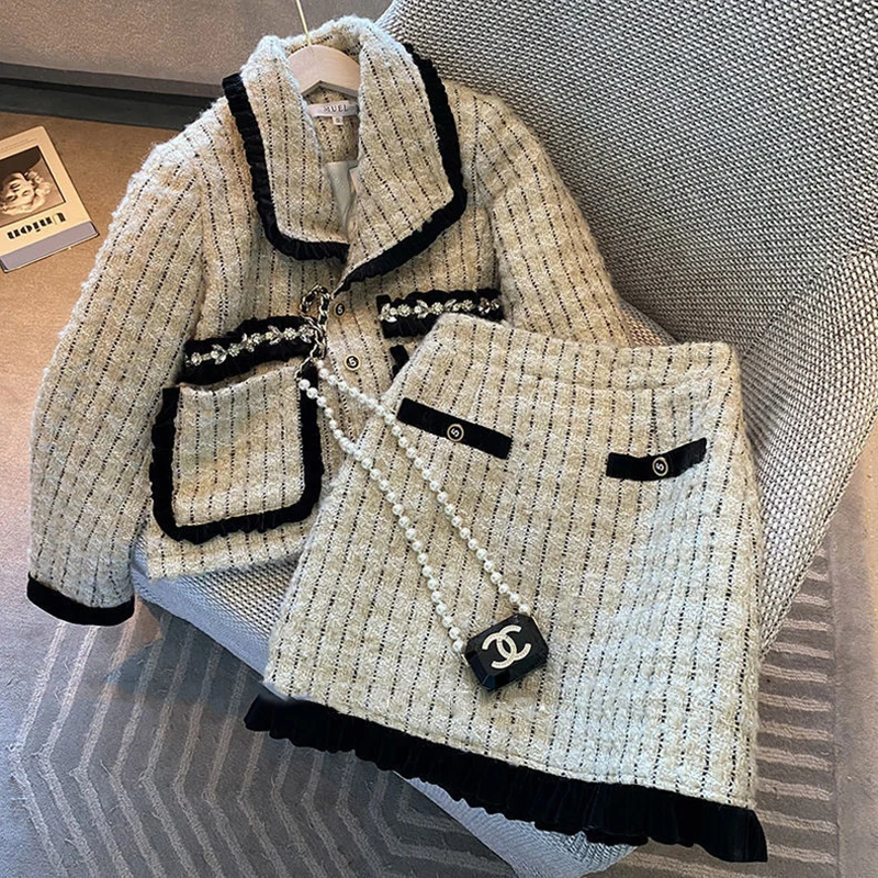 

European Style 2 Piece Set Women Small Fragrance Tweed Jacket Woolen Coat & Bodycon Mini Skirt Set Women Two Piece Outfits
