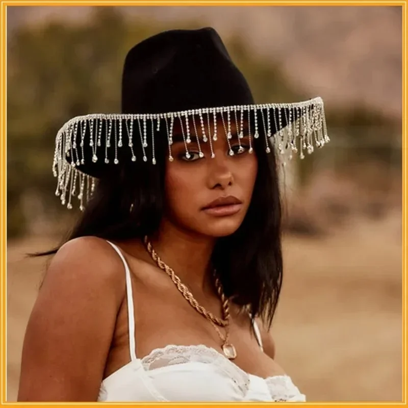 Ковбойская шляпа невесты с бриллиантовой бахромой летняя винтажная ковбойская