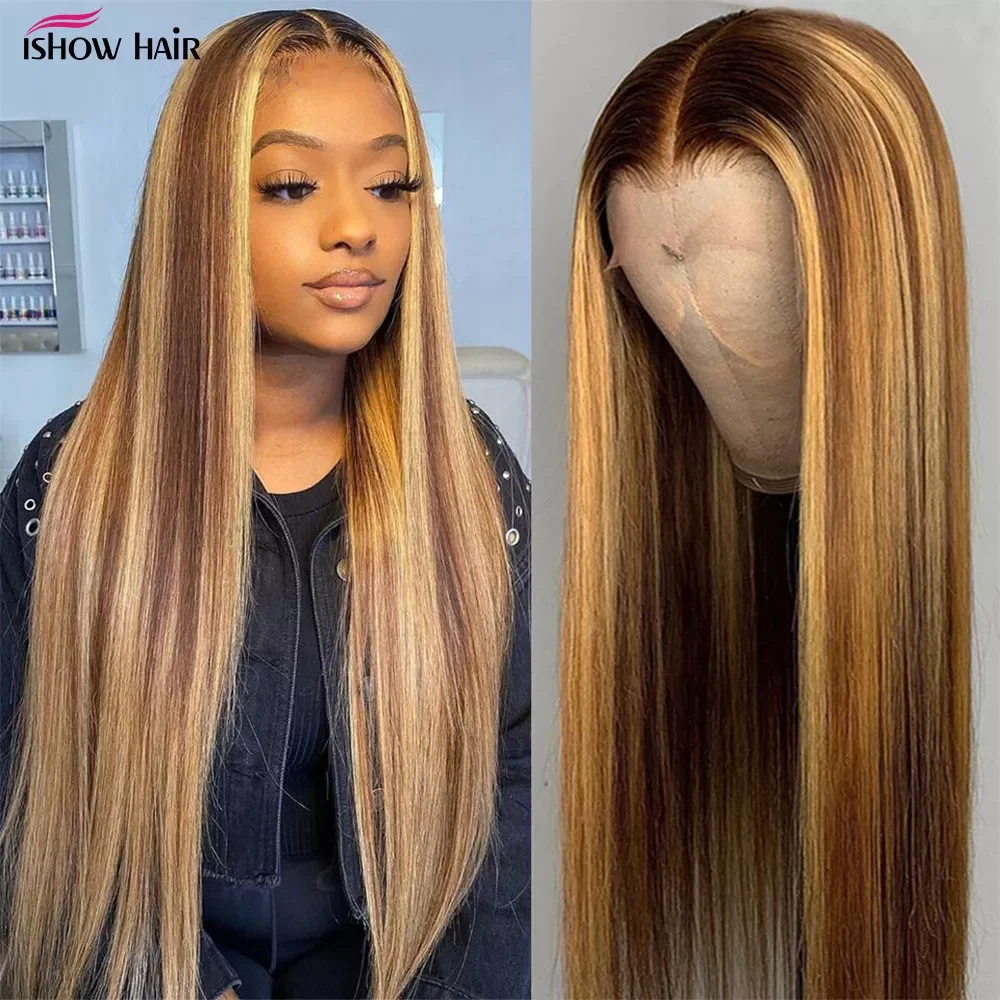 Ishow Highlight Wig Colored Human Hair Wigs For Women 30 Inch Straight Lace Front Human Hair Wigs 13x4 HD Lace Frontal Wig