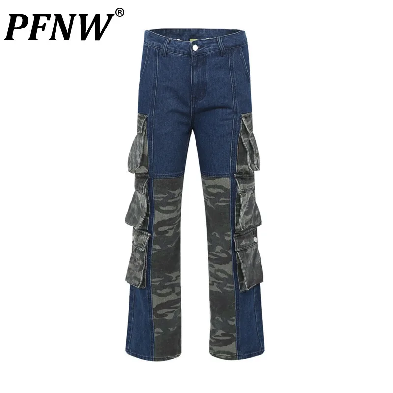 

PFNW Spring Summer Men's Camouflage Splicing Overalls Techwear Denim Pants Functional Personality Tactics Straight Jeans 12A9488