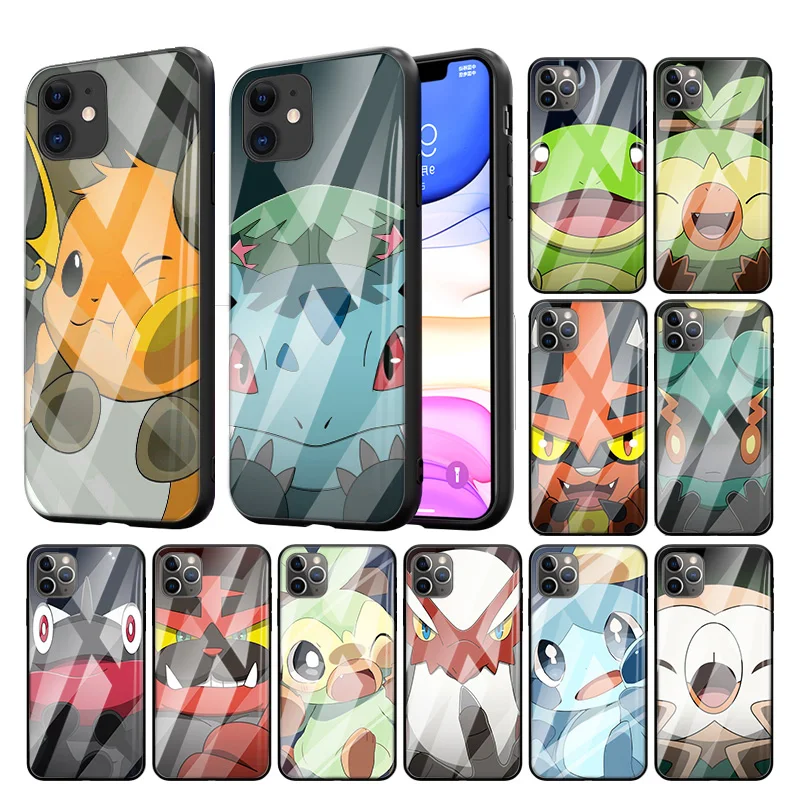 

Glass Case For Apple iPhone 11 12 mini 13 Pro 7 8 X XR XS Max 6 6S Plus SE 2022 Soft Edge Phone Cover Pokemon Face Funny Anime
