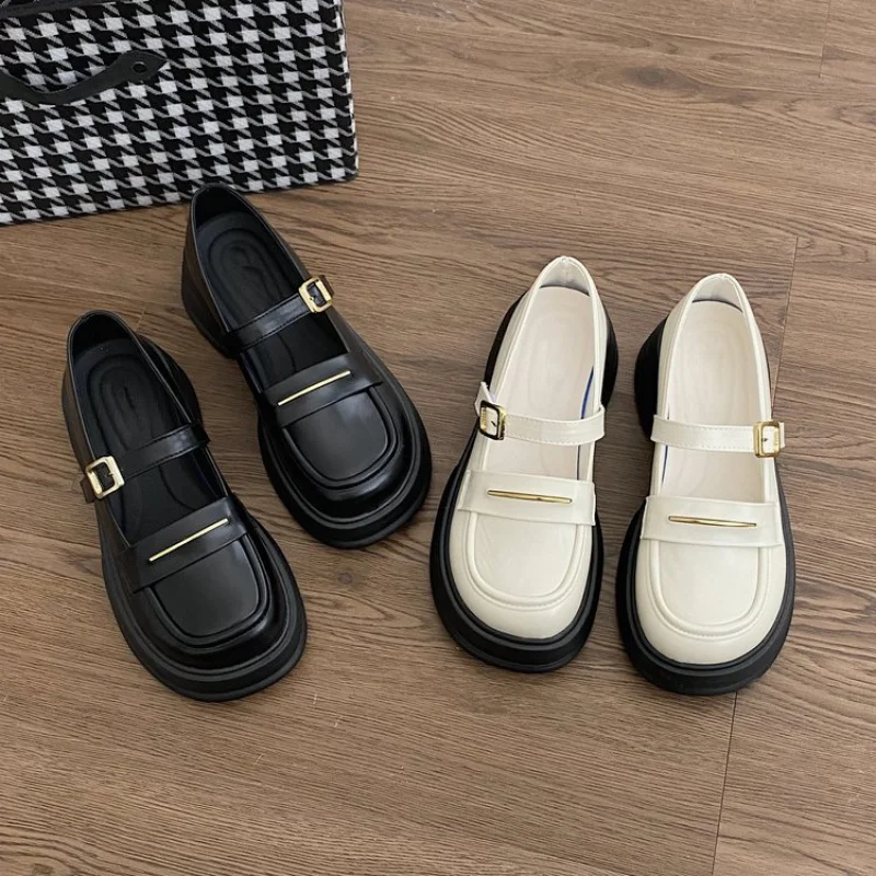 

Mid-Cut Pu Mid Heel (3-5cm) Square Heel Shoes round Toe Rubber Low-Top Shoes Solid Color