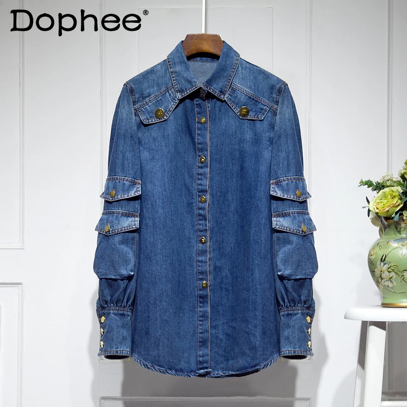 StreetWear Pocket Lapel Mid-Length Denim Shirt Top Women 2022 Spring New Clothes Loose Slimming All-Matching Blue Blouse Coat