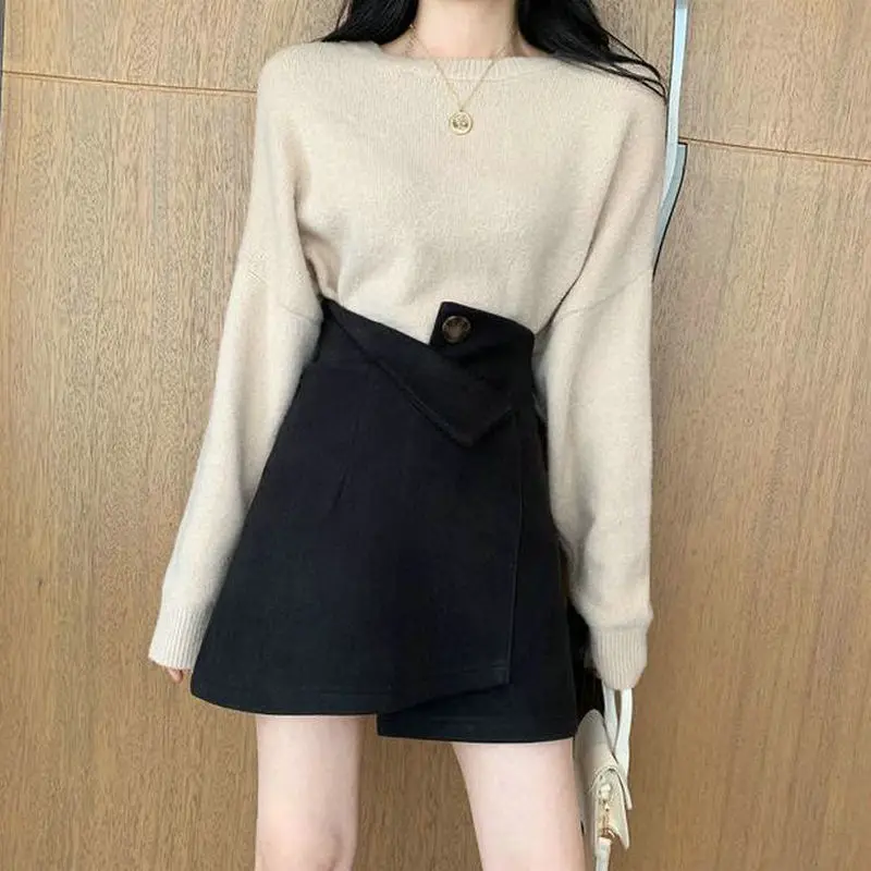 Autumn Winter 2022 Casual Retro Hong Kong Style Asymmetrical Skirt Women's Woolen Solid High Waist A-line Bag Hip Short Skirt