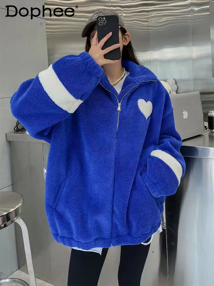 

Fleece Lined Warm Lamb Wool Coat for Women 2022 New Fall Winter Clothes Loose Casual Mid-Length Hooded Zipper Sweatshirt Jacket