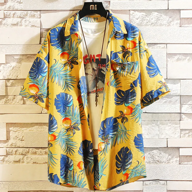 

Модная мужская Гавайская Повседневная рубашка с принтом на пуговицах, гавайская пляжная блузка с коротким рукавом, мужская рубашка, новинк...