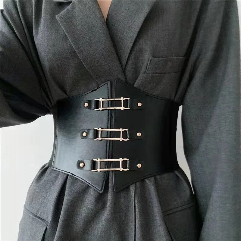 Fashion Women Wide Belt New Metal Buckle Women Elastic Waistband Leather Rivet Ultra Wide Belt Elastic Belts For Woman