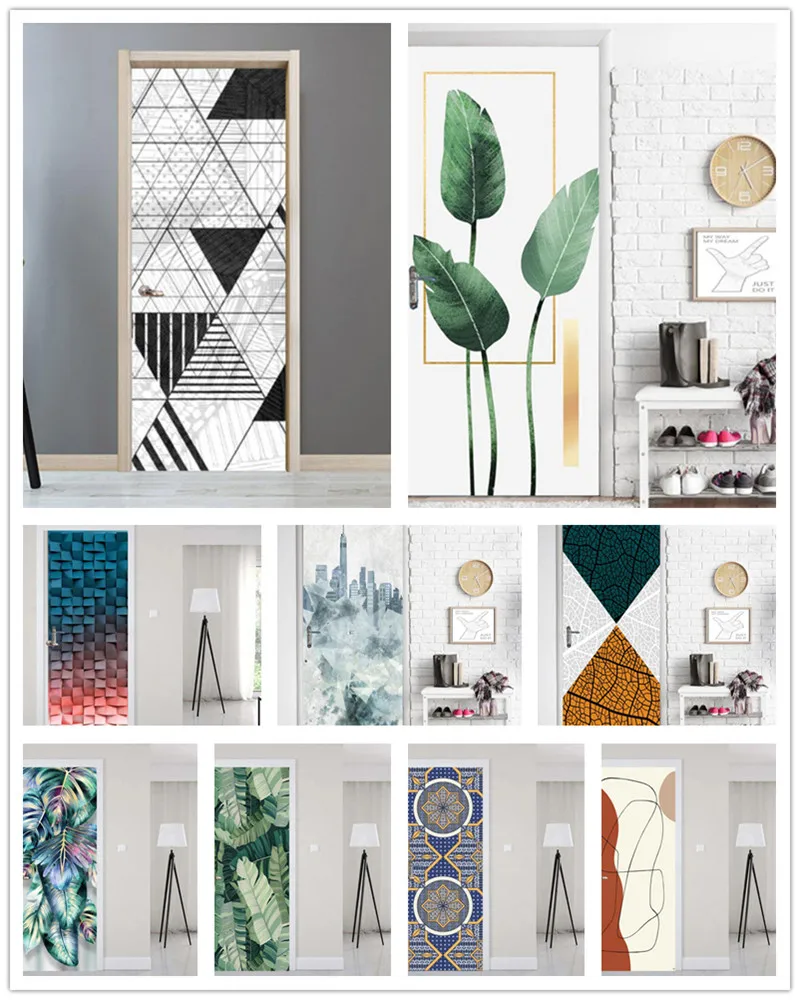 

Custom 3D tropical plant geometric door sticker modern Wallpaper For Entrance Poster Home decor fridge stickers Door Cover