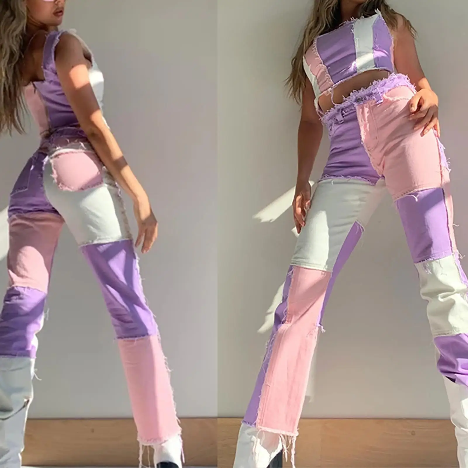 2020 New hip hop autumn Blue/Pink patchwork Jeans women High waist Hip hop straight Jeans ladies trousers female denim for woman