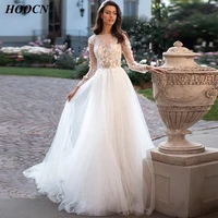 herburnl o neck sexy romantic wedding dress 2022 fashion applique perspective tulle long sleeves chiffon mopping