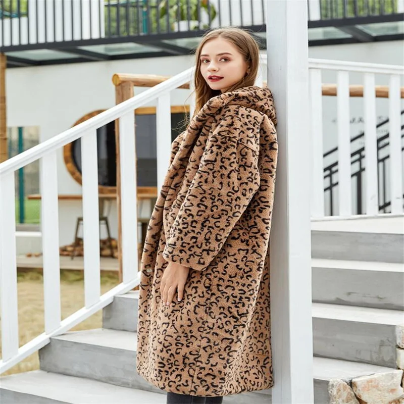 Autumn faux mink leather jacket womens Leopard hood long fur leather coat women slim jackets jaqueta de couro fashion enlarge