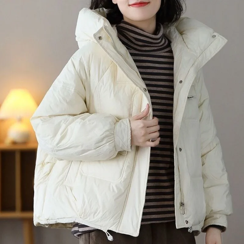 2023 Winter New Women Cotton Coat Loose Solid Sweet Female Office Lady Outwear Bubble Coat Hooded Warm Pocket Elegant Ins Jacket