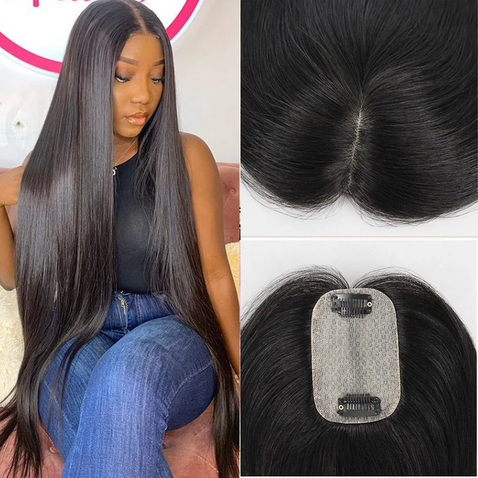 22 inch Soft  Human Hair Topper Silk Skin Base Toupee With 2cm PU Around Virgin Hair Extension with Clips for Women