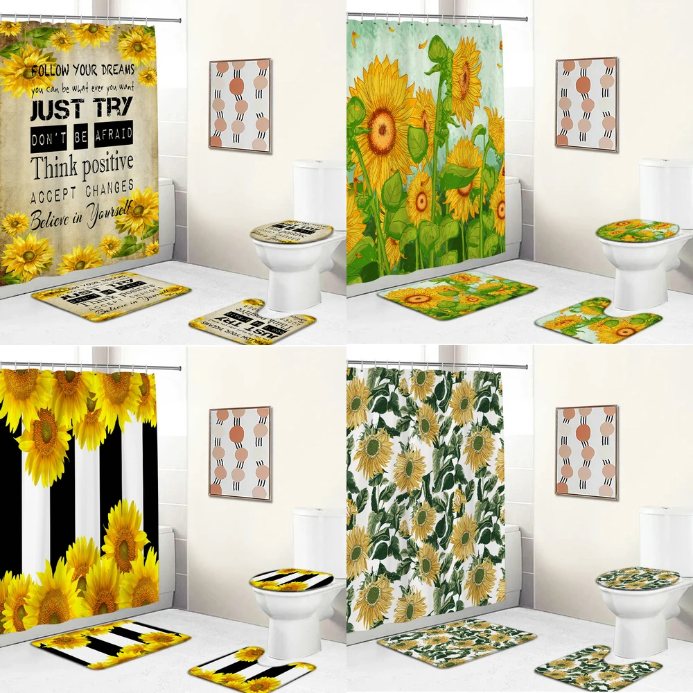 

Набор занавесок для душа с рисунком подсолнуха, покрытие для унитаза, ковер, нескользящий коврик для кухни и ванной, деревянная доска, набор...