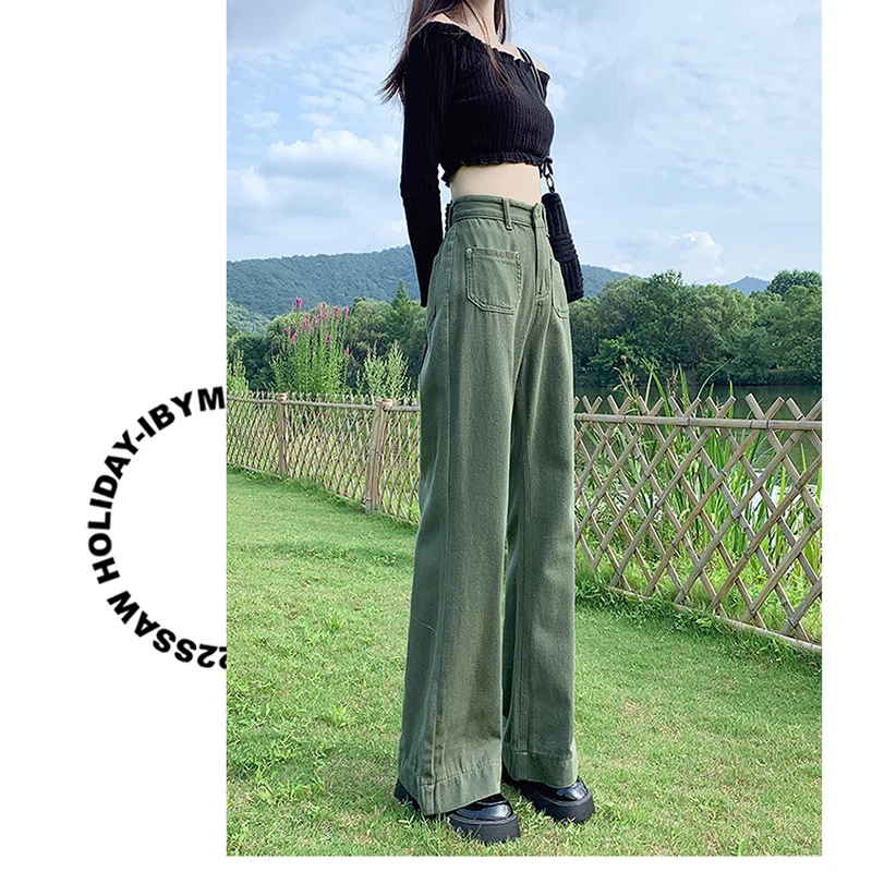 Real time high waisted jeans for women in 2023 high street spring and summer army green loose fitting wide leg pants