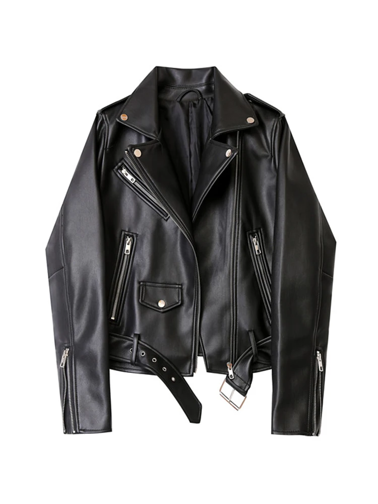 Women Spring Streetwear PU Faux Leather Short Jacket with Belt Moto Biker Basic Coat Turn-down Collar Zipper Jackets Leather