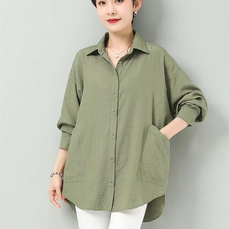 

Pure Cotton Blouse Women's Summer Long Sleeved Sun Protection Shirt POLO Collar Single Breasted Medium Length Cardigan Coat
