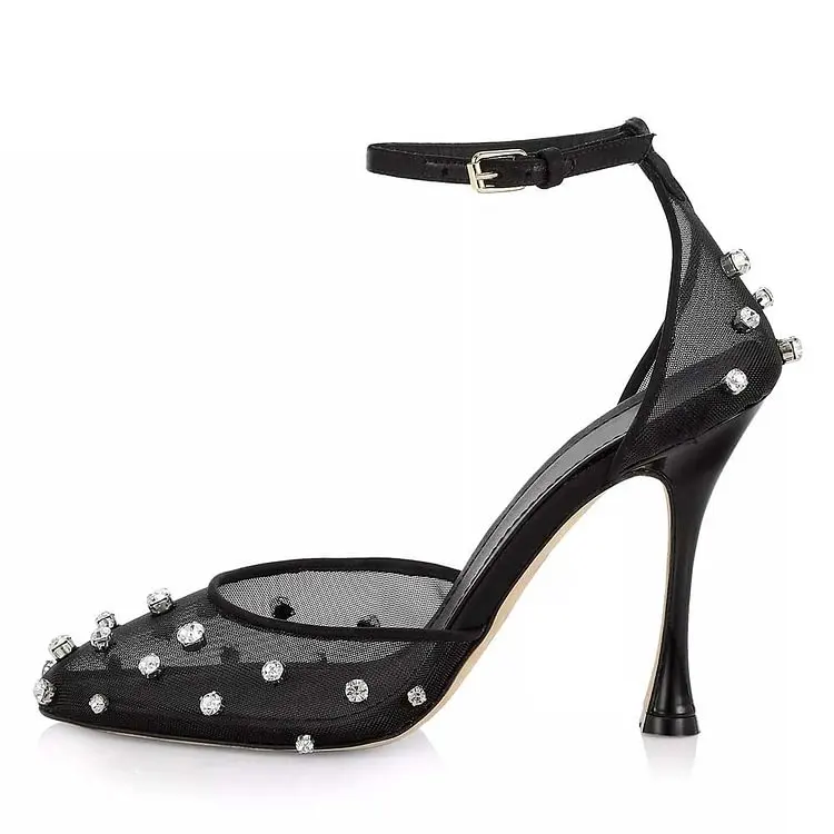 Черные Сетчатые туфли на шпильках с острым носком и ремешком щиколотке сандалии