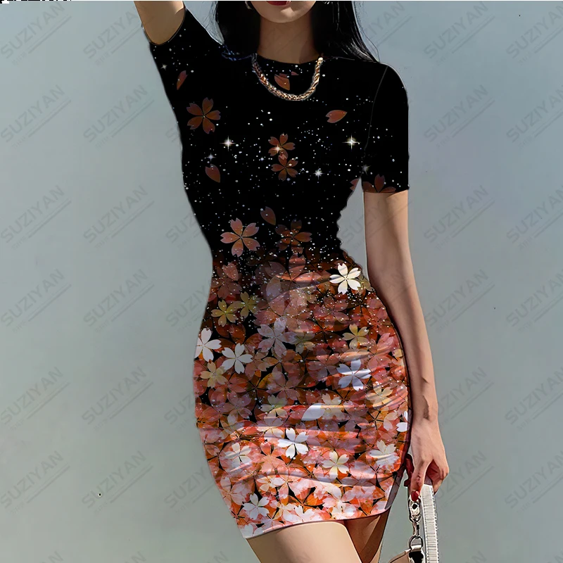 2023 Cross border New Hot Selling Women's Round Neck Short Sleeve Skinny Dress 3D Digital Fragmented Breathable Short Dress