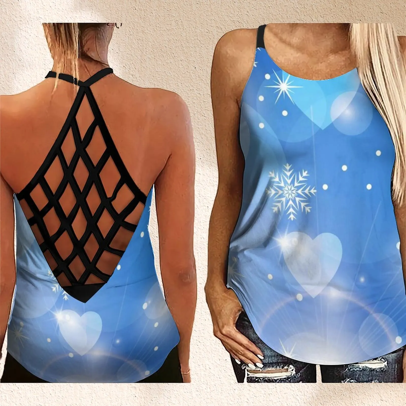 

Women's Fashion Backless Sleeveless Hollow Out Snowflakes Hearts Sparkle Print Criss Cross Tank Top Y2k Top XS-8XL