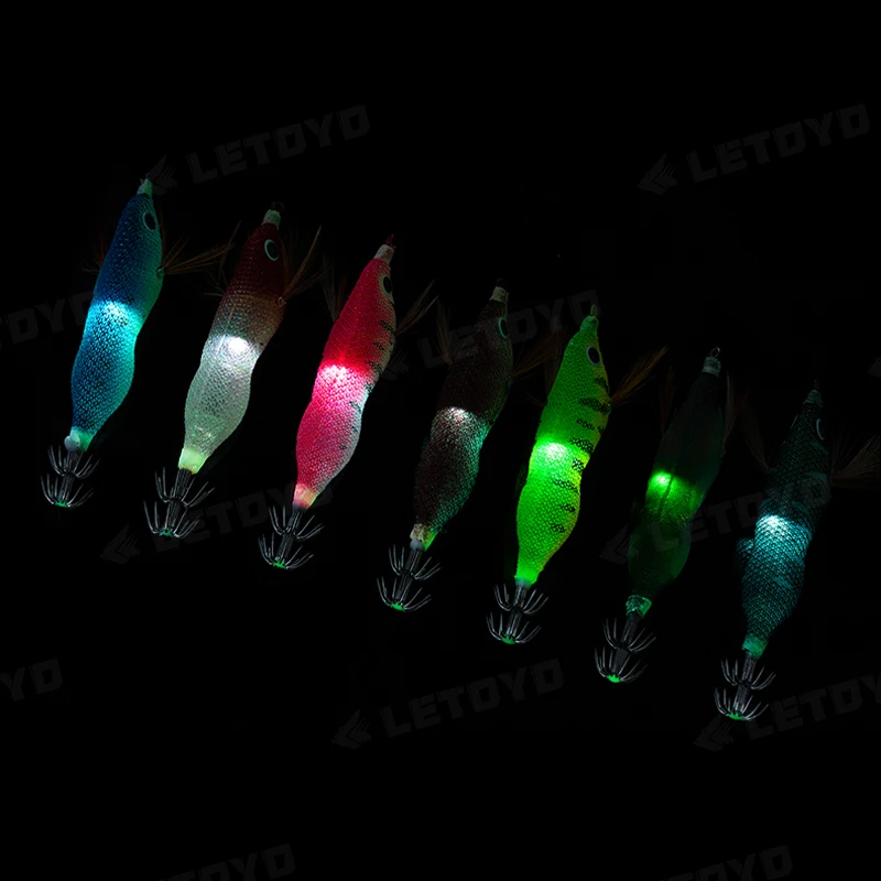 LETOYO Flashing LED Squid Jig Lures 80mm 12g Auto Luminous Eging Fishing Cuttlefish Jigs Glow Octopus Jig Egi Fishing Squid Lure