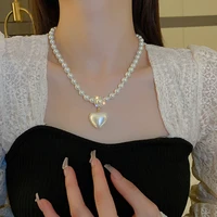 masa new korean elegant pearl beads necklace for women fashion heart pendent choker wedding party fashion jewelry masa58