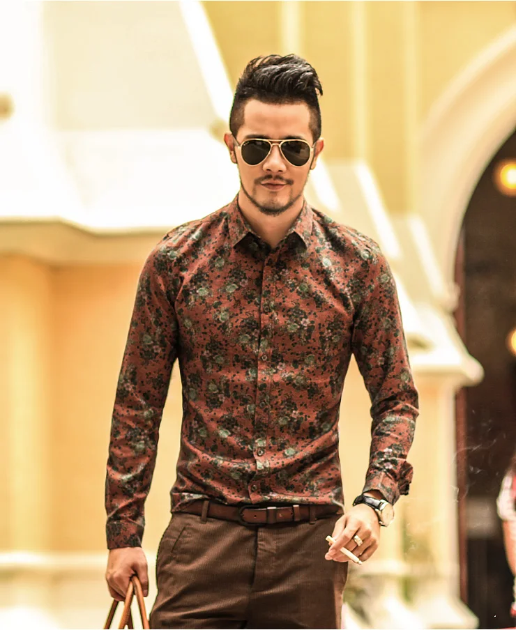 Mattswag 2022 Mens Navy Blue Vintage Flower Printed Shirts New Fashion Long Sleeve Shirts Casual Slim Fit Shirts Camisa Hombre