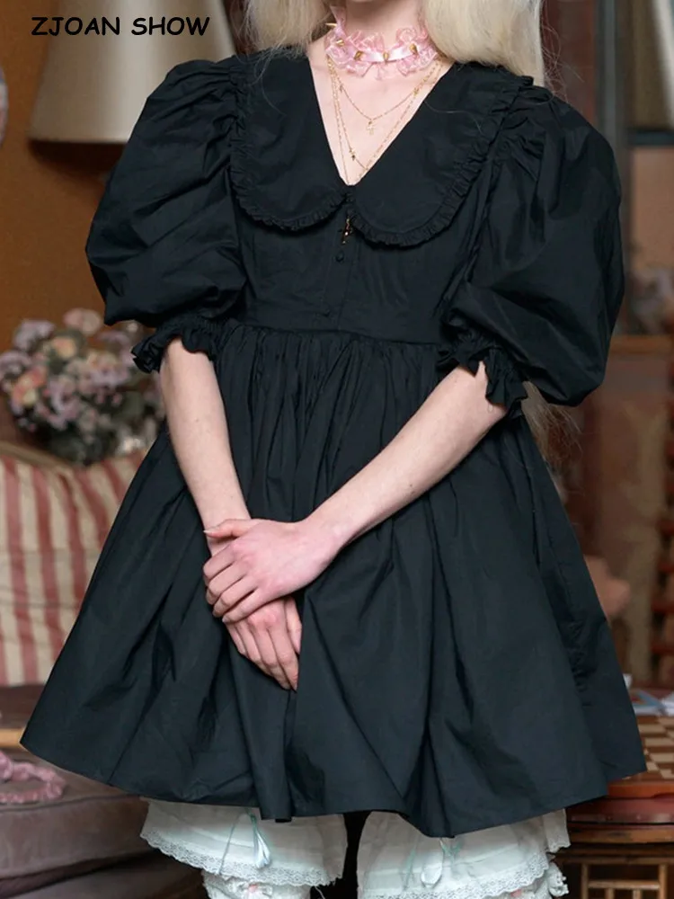 

2022 Summer Solid Black Cotton Ball Gown Dress Peter Pan Collar Puff Sleeve Retro Women Swing Mini Dresses Fairy Cake Vestidos