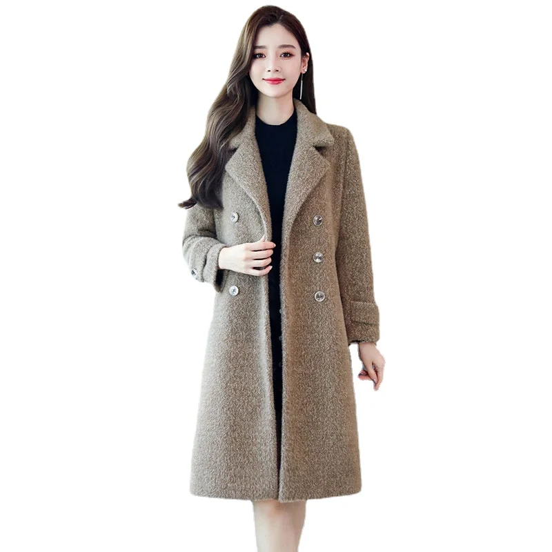 Winter Woolen Coat Women Mid Long Slim Overcoat Trend 2022 Autumn Thick Warm Imitate Mink Velvet Faux Wool Jacket Female Outfits