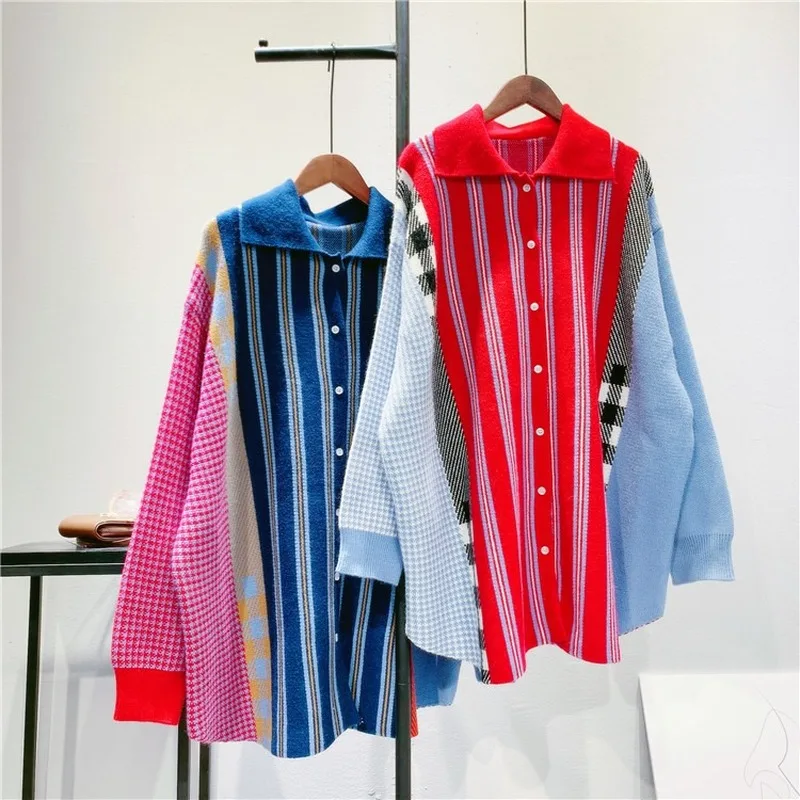 Повседневный свитер WAKUTA в полоску кардиган свободного кроя с отложным