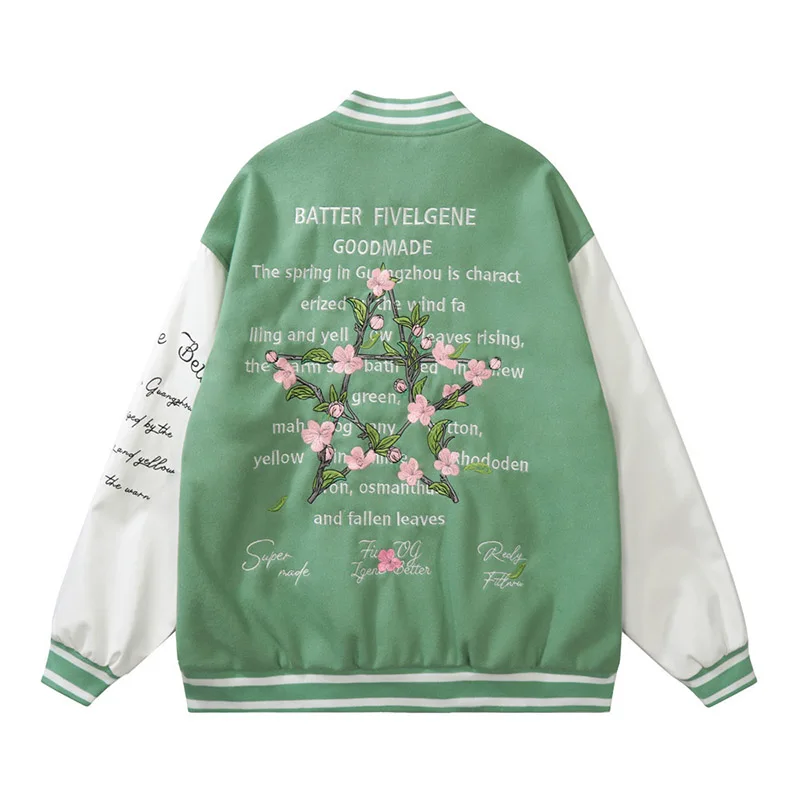 

Harakuju Streetwear Flower Embroidery Casual Baseball Jackets Color Block Hip Hop Outwear Coats Patchwork