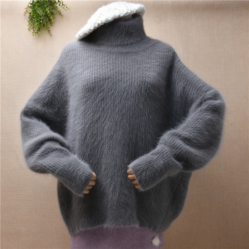 

Female Women Fall Winter Hairy Angora Rabbit Hair Knitwear Long Sleeves Turtleneck Loose Pullover Jumper Sweater Pull Tops