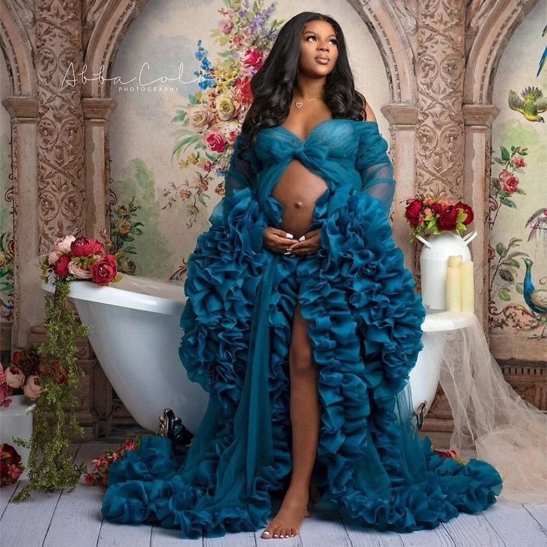 

2023 Charming Blue Prom Dresses Ruffles Sheer Night gown Robes Tiered Long Sleeve Party Wear Women's Maternity Evening Dress