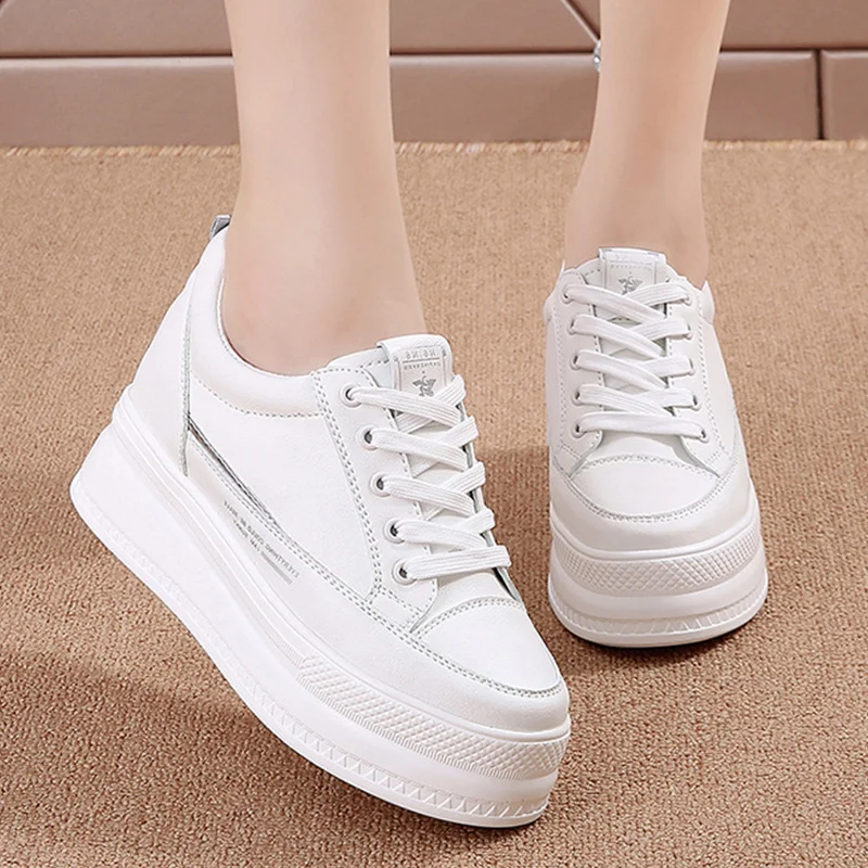 Platform 7cm Microfiber Leather Women Casual Shoes 2023 White Wedge Hidden Heel Shoes White Shoes Chunky Sneakers Skateboard