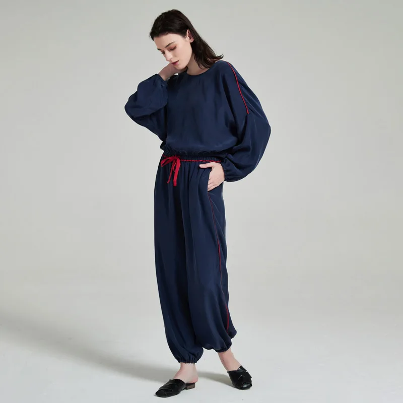 2022 NEW Summer 19mm 100%Silk Pajamas Set Women Silk Homewear Sleepwear Navy Blue High Quality Clothing