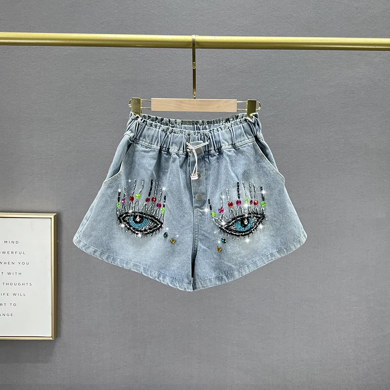 Denim Shorts Women's Fashionable 2023 Summer New Lace-up High Waist Loose And Slimming Ins Diamond-Embedded Wide-Leg Booty Pants