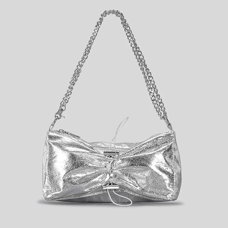 

Hobos Pleated Drawstring Luxury Designer Handbags For Women Purse 2023 New Fashion Shiny Chain Crossbody Shoulder Underarm Bags