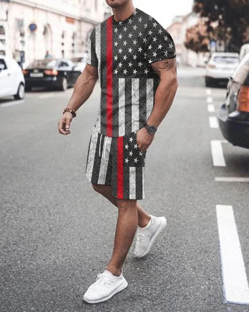 USA Flag Pattern Summer Tracksuit Men American T Shirt Set Make America Two Piece Set Outfit Male Clothing Shorts Oversized Suit
