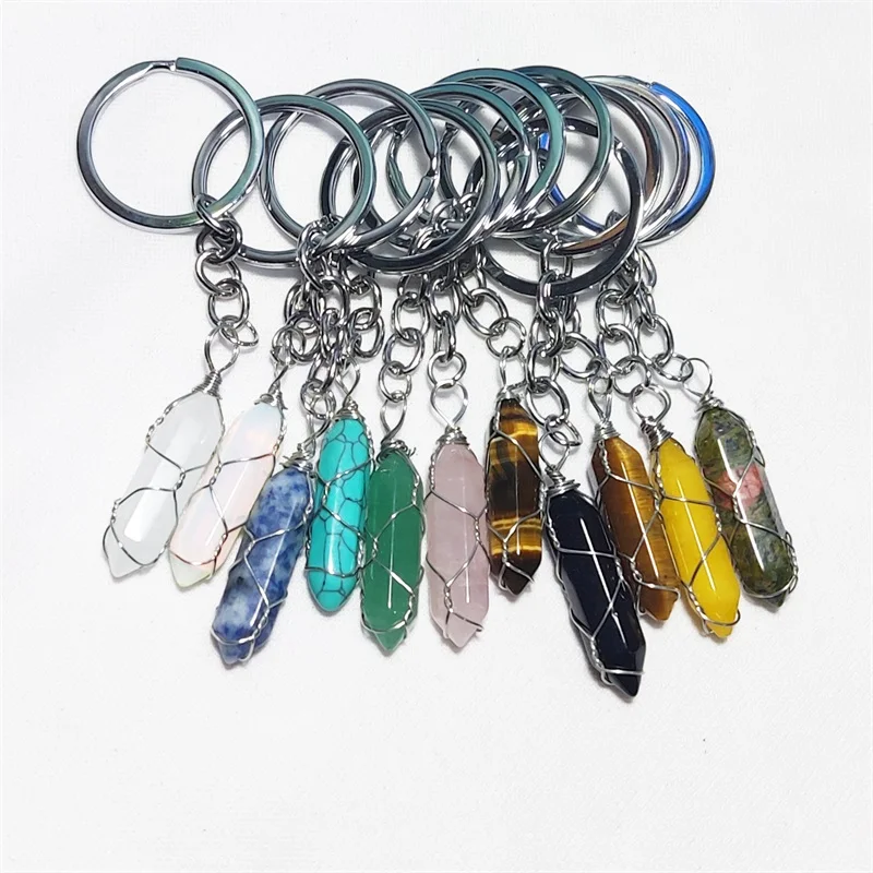 

12pcs Wire Winding Natural Stone Hexagonal Prism Key Rings Healing Crystal Car Decor Keyholder Keychains for Women Men