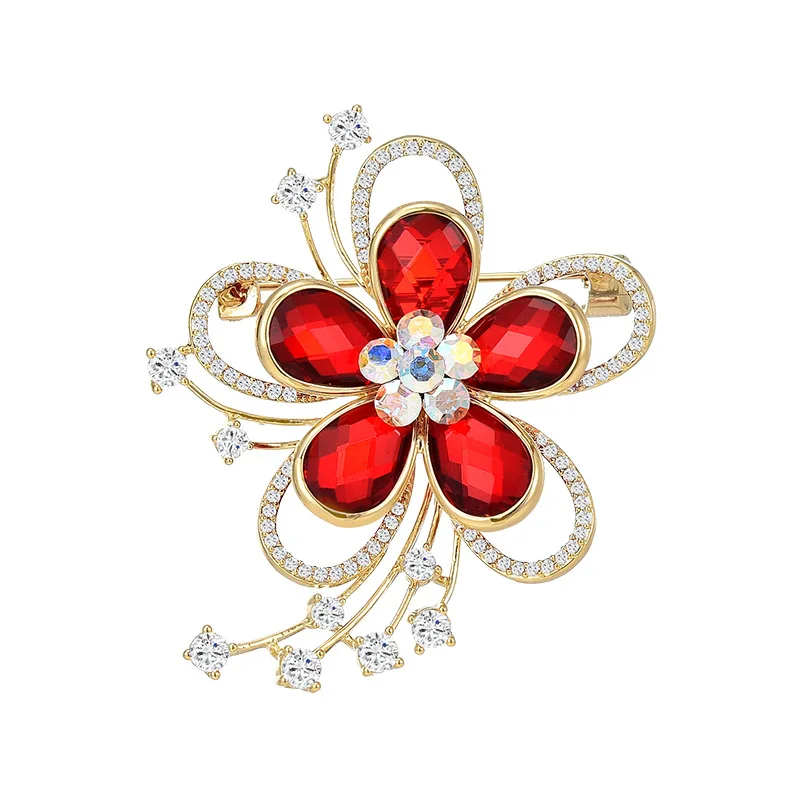 Exquisite Red Crystal Flower Brooch Feminine Fashion Zircon Plant Pin and Brooch for Woman Birthday Gift Accessories Wholesale