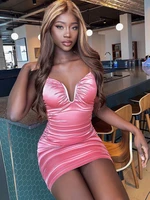 womens sexy low cut v neck spaghetti strap backless pleated bodycon dress summer pink satin goth party club evening mini dresses