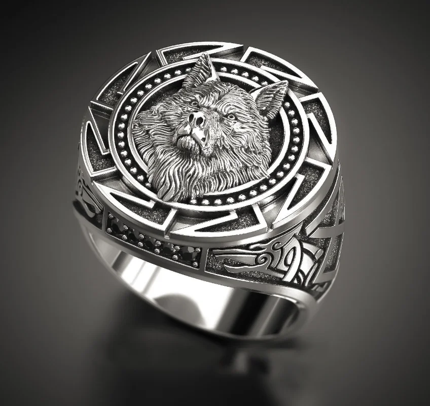 

Vintage Wolf Totem Thai Silver Ring Viking Warrior Wolf Head Men's Ring