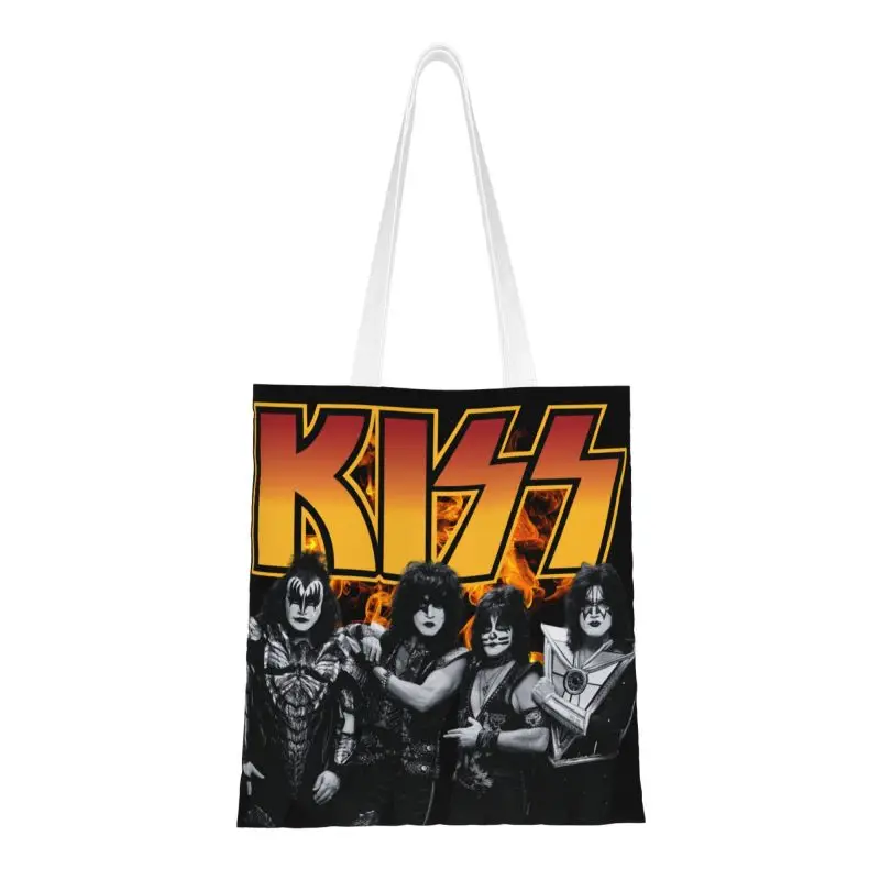 

Heavy Metal Music Kiss Grocery Shopping Bag Printing Canvas Shopper Tote Shoulder Bag Large Capacity Portable Rock Band Handbag
