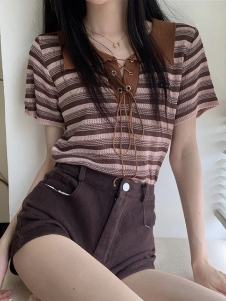 

Y2k Aesthetic Fashion Summer Bandage Slim T-shirts Casual Turn Down Collar Cropped Tops Women Striped Short Sleeve Harajuku Tees