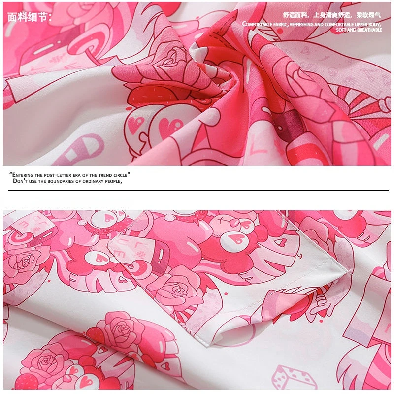 Peach Heart Short Sleeved Pink Flower Shirt American Retro National Fashion Hawaiian Men's and Women's Port Fashion Top Men's