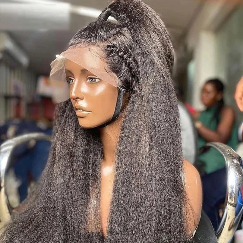 

250 Density Yaki Straight Lace Front Fiber Hair Wigs Pre Plucked Glueless Coarse Lace Frontal Wig Middle Part kinky Straight