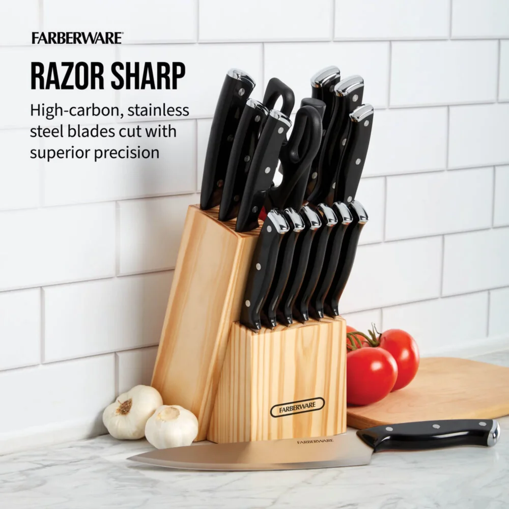 

Farberware 15-Piece Triple Rivet Kitchen Knife Block Set with Natural Wood Block and Black Handles
